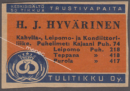 Kauppiasetiketti, H.J. Hyvärinen, Kajaani, Teppana, Purola 