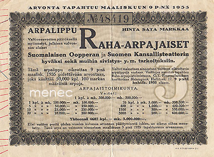 Arpalippu. Raha-arpajaiset 9.3.1935 