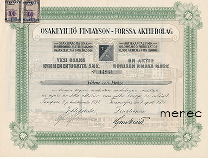 Osakekirja, Oy Finlayson - Forssa AB, 10 000 mk, 7.4.1937 