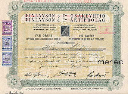 Osakekirja, Finlayson - Forssa / Finlayson & Co, 10 000 mk, 1.12.1927, emissio 1937 