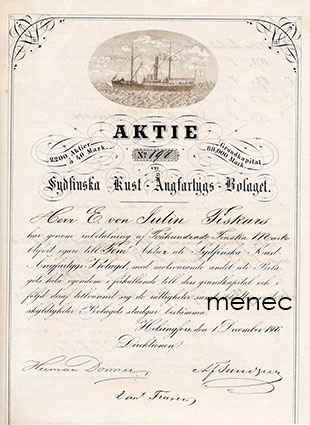 Osakekirja, Sydfinska Kust-Ångfartygs-Bolaget, 40 mk, 1.12.1866 