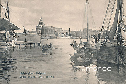 Helsinki, Etelä satama, soutuvene laivojen keskellä 