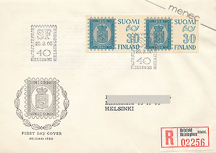 FDC, Postimerkkinäyttely 1960, 2x30 (+120) mk, kirjattu 