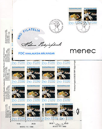 Pro Filatelia, Helene Schjerfbeck 1991 2,10+0,50 mk, arkki 20 kpl (10 paria), pari, FDC 