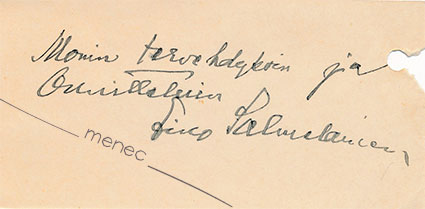 Eino Salmelainen, onnittelukortti 
