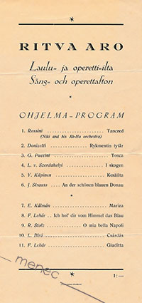 Ritva Aro. Laulu- ja operetti-ilta. Ohjelma 