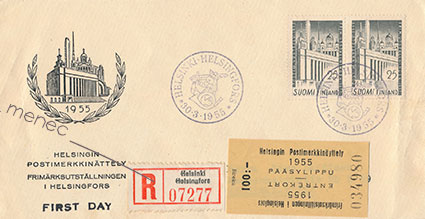 Postimerkkinäyttely 1955, FDC, kirjattu 2x25(+100) + pääsylippu 