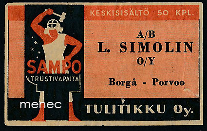 Seppä-tulitikkuetiketti, L. Simolin, Porvoo 