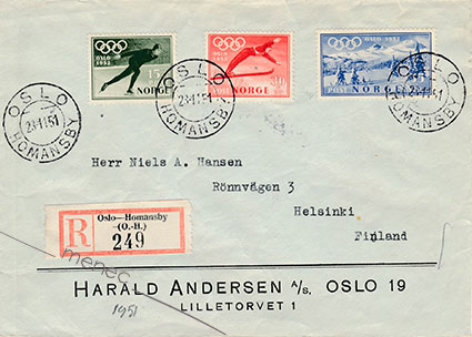 Norja, Oslon talviolympialaiset 1952, kirjelähetys Suomeen, kirjattu 
