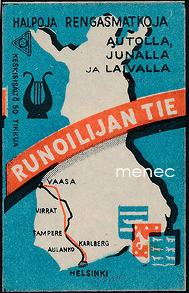 Tulitikkuetiketti, Runoilijan tie, kartta Helsinki - Vaasa 