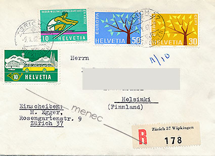 Sveitsi, kirjelähetys Suomeen 1962, kirjattu 