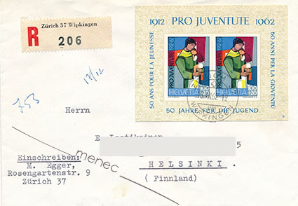 Sveitsi, kirjelähetys Suomeen 1962, kirjattu, Pro Juventute-pienoisarkki BL 18 