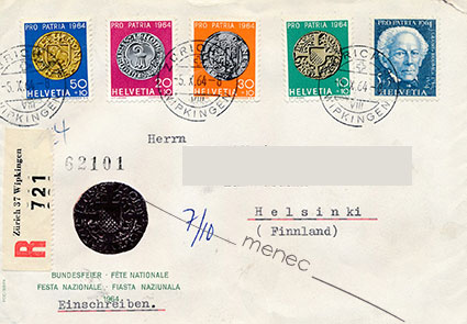 Sveitsi, kirjelähetys Suomeen 1964, kirjattu, sarja Pro Patria erikoiskuorella 