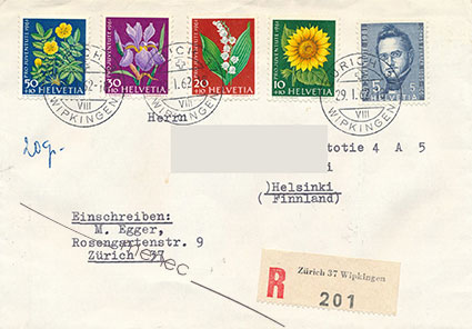 Sveitsi, kirjelähetys Suomeen 1962, kirjattu, sarja Pro Juventute 