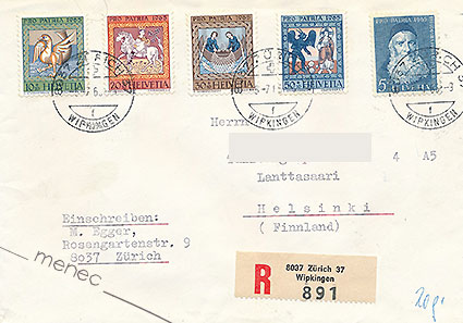 Sveitsi, kirjelähetys Suomeen 1965, kirjattu, sarja Pro Patria 