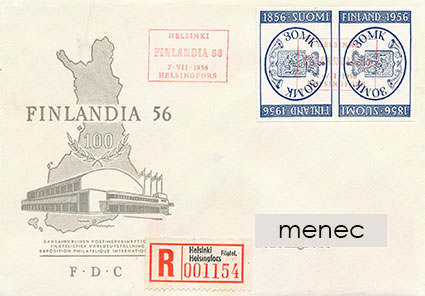 Finlandia 1956, 2x30 mk päikköpari, FDC, kirjattu, näyttelyn kirjeensulkijalla 