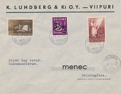 Kansanapu ja yleismerkki 3,50/2,75 1943, FDC, kirjattu 