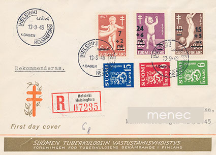 Tuberkuloosi 1948, päällepainamat, FDC, kirjattu 