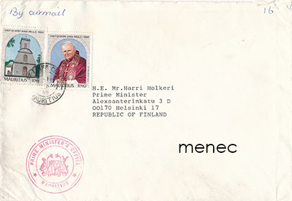 Mauritius, postilähetys pääministeriltä Suomen pääministerille 1989 