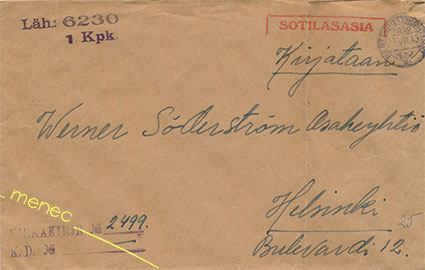 Postilähetys 1943, Sotilasasia, kirjattu virkakirje, kenttäposti 