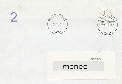 Ahvenanmaa, yleismerkki 1,20, postilähetys, Bomarsundin postitoimiston viimeisen päivän leimaus 29.11.1985 