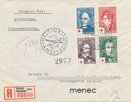 Ensilento Helsinki-Amsterdam, Punainen Risti 1948-sarjalla, kirjattu 