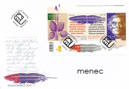 Elias Lönnrot 2002, pienoisarkki BL29 + FDC + maksimit 4 kpl 