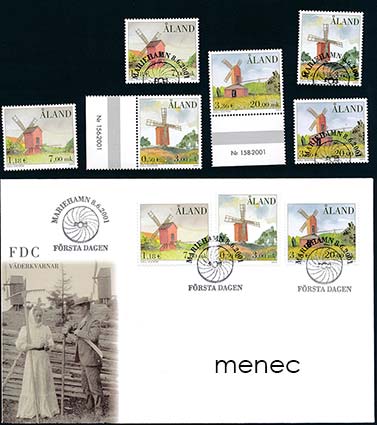 Ahvenanmaa, Tuulimyllyt 2001, 6 kpl + FDC 