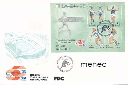 Finlandia 95 Yleisurheilun MM 1994, 2x pienoisarkki BL12 + FDC + 4x maksimi 