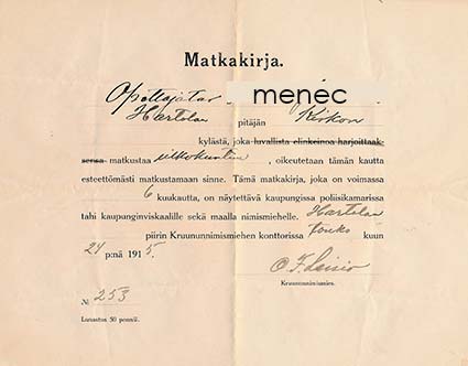 Matkustuslupa Hartolasta ulkopaikkakuntiin 1915 
