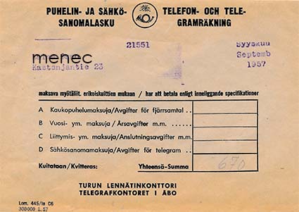 Virkakuori, Puhelin- ja sähkösanomalasku 