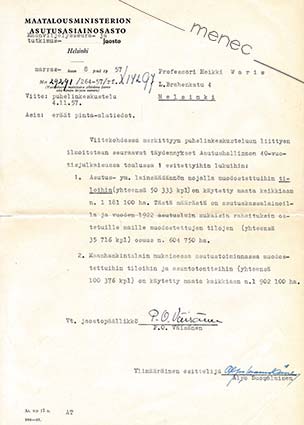 Professori Heikki Wariksen saama tiedonanto Maatalousministeriön asutusasiainosastolta 