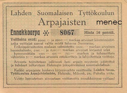 Lahden Suomalaisen Tyttökoulun arpajaisten ennakkoarpa 