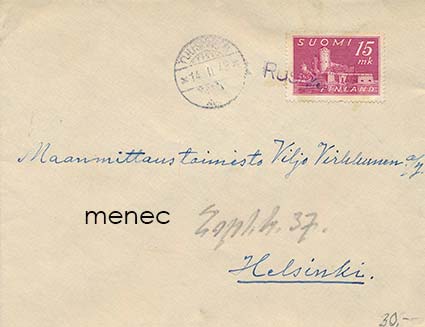 Yleismerkki 1945, Olavinlinna 15mk, kyläleimalla Ruskila 