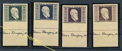Itävalta, Karl Renner 1946, sarja kelt. japaninpaperilla ja allekirjoitusleikkeellä 
