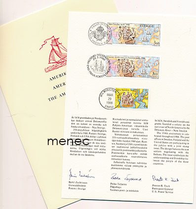 Amerikankirje 1988; siirtokunta-aiheiset merkit Suomi - Ruotsi - USA Postin lajitelmana 
