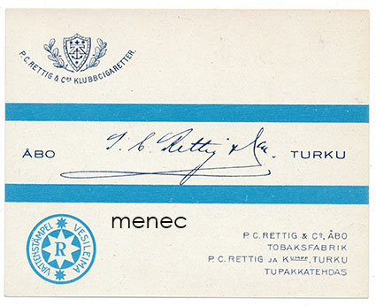P: C. Rettig & Co Klubbcigaretter, tupakkaetiketti 