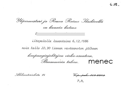Ylipormestari Raimo Ilaskiven iltapalakutsu virka-asuntoon Brummerin taloon 