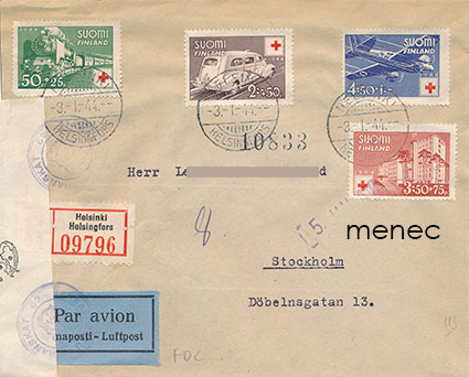 Punainen Risti 1944, sarja, FDC, kirjattu, ilmaposti Ruotsiin, sensuuriliuska 