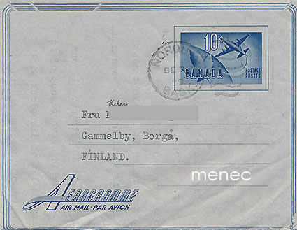 Aerogrammi Kanadasta Suomeen 1959 