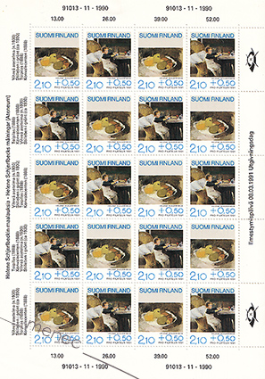 Pro Filatelia, Helene Schjerfbeck 1991 2,10+0,50 mk, arkki 20 kpl (10 paria) 