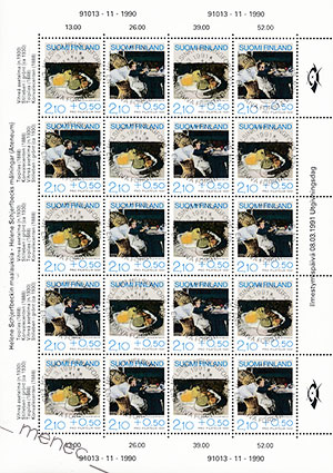 Pro Filatelia, Helene Schjerfbeck 1991 2,10+0,50 mk, arkki 20 kpl (10 paria) 