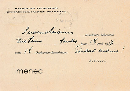 Eteläsuomalaisen osakunnan Suomalaisuustoimikunnan kutsu tärkeään kokoukseen 1937 