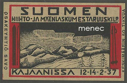 Suomen hiihto- ja mäenlaskumestaruuskilp. Kajaanissa 12-14.2.-37, tulitikkuetiketti 