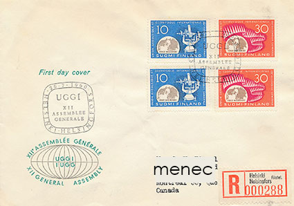 Geodeettis-geofysikaalinen kongressi 1960, FDC, 2x10mk & 2x30mk, kirjattu, Kanadaan 