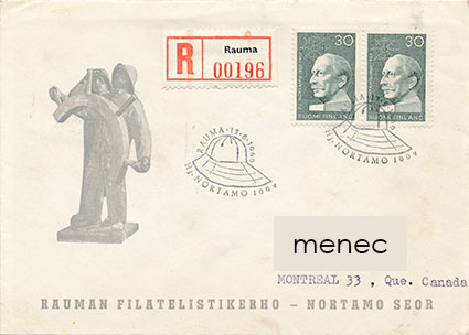 Hj. Nortamon syntymästä 100 vuotta 1960, FDC, 2x30mk, kirjattu, Kanadaan 