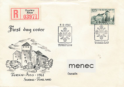 Yleimerkki 125 mk 1961, Turun linna, FDC, kirjattu, Kanadaan 