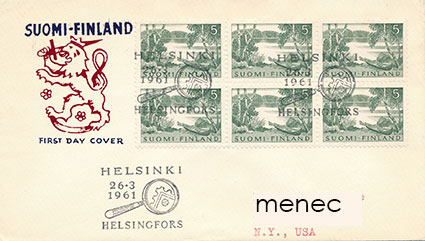 Yleismerkki Järvimaisema 1961, 6x5mk, FDC, USA:han 