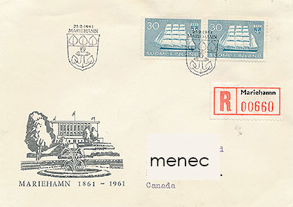 Maarianhamina 100 vuotta 1961, 2x30mk, FDC, kirjattu, Kanadaan 