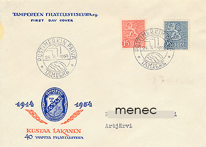 Yleismerkit 15 ja 25 mk 1954, FDC 